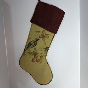 Vintage Burlap Christmas Stocking With Hand painted Birds And Fruit